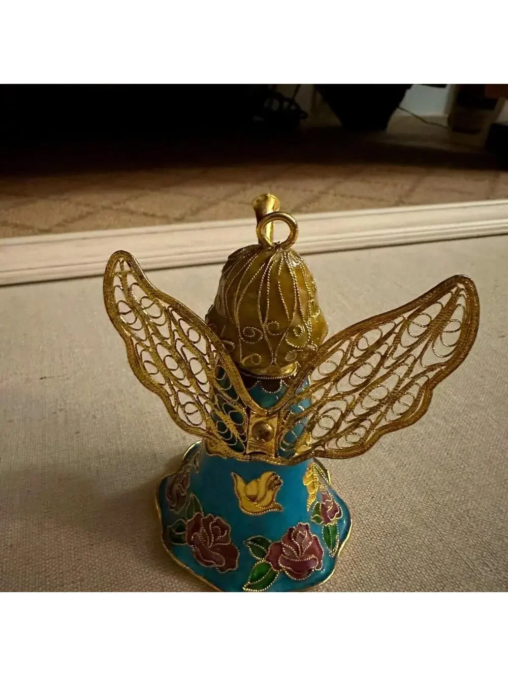 Vintage hand painted and glazed ceramic angel with trumpet 3d details
